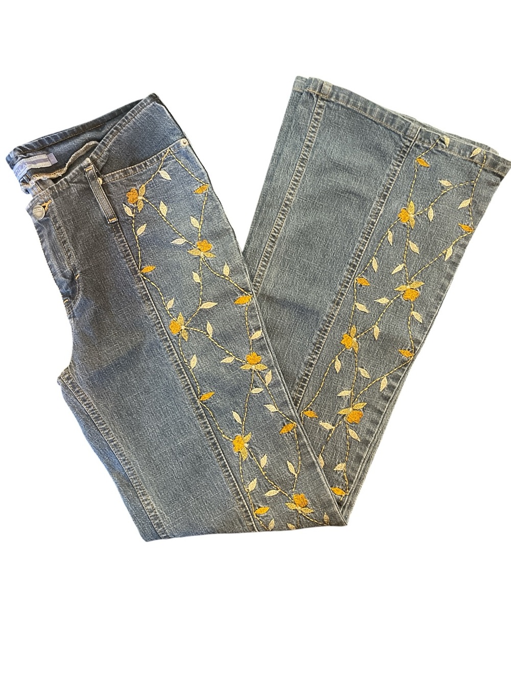 Floral Embroidered Blue Wide-Leg Jeans